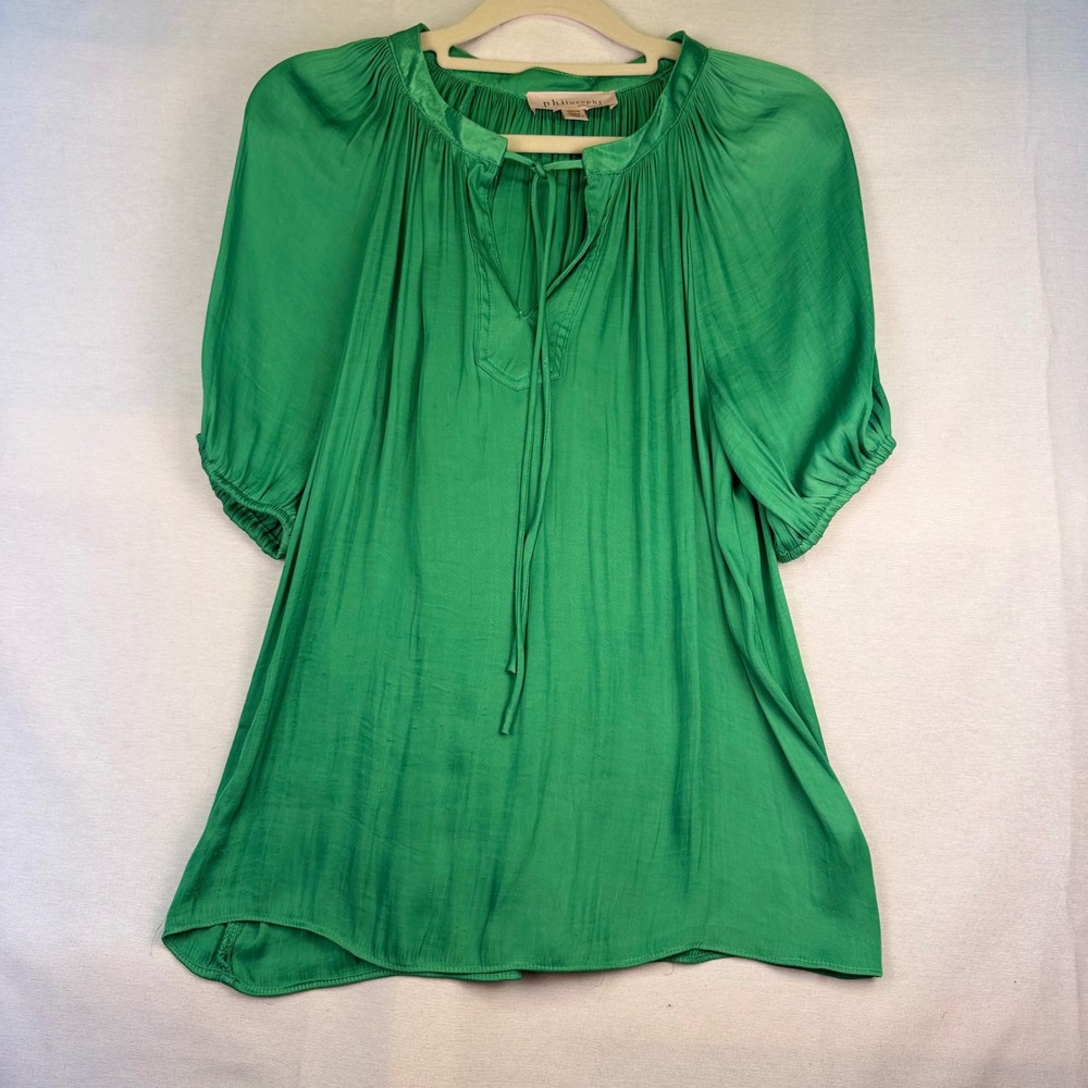 Philosophy Republic‎ Clothing Green Pleated Tie Neck Puff Sleeve Blouse XS